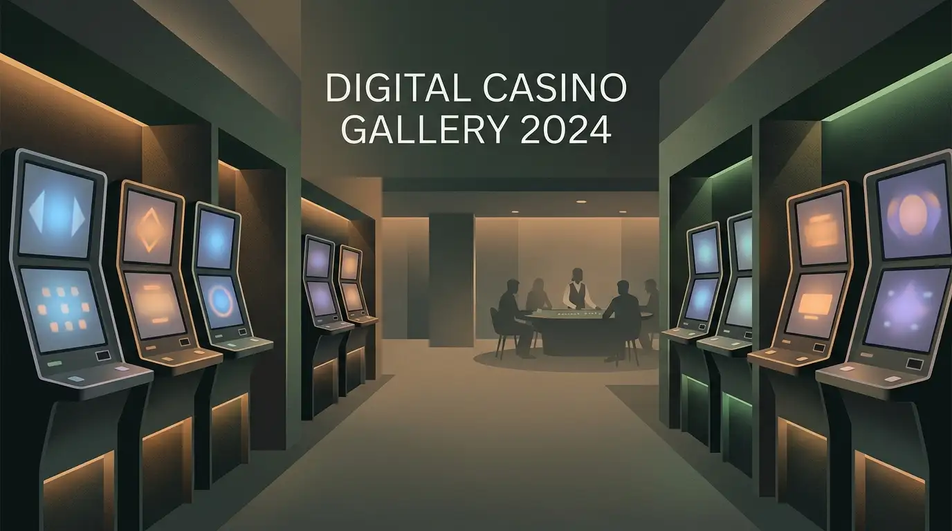 An abstract game room with unmarked slot screens and a separate live table display